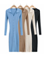 Fashion Milky White Solid Color V-neck Knitted Long-sleeved Dress