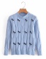 Fashion Blue Round Neck Bow Pullover Sweater