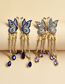 Fashion Purple Alloy Diamond Butterfly Tassel Stud Earrings