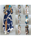 Fashion Navy Blue Flowers Printed Blanket Long Sleeve Split Dress