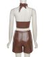 Fashion Brown Halter Neck Tie Top Pu Shorts Suit