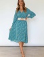 Fashion Blue V-neck Long Sleeve Printed Waist Dress