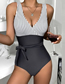Fashion Army Green Striped Colorblock Tie One Piece Swimsuit