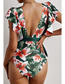 Fashion Blue Deep V Floral Ruffle One Piece Swimsuit