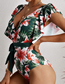 Fashion Green Deep V Floral Ruffle One Piece Swimsuit