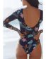 Fashion Black Polyester Print Long Sleeve One Piece Swimsuit