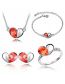 Fashion Water Lotus Red Alloy Diamond Heart Stud Earrings Ring Bracelet Necklace Set