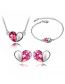 Fashion Water Lotus Red Alloy Diamond Heart Stud Earrings Ring Bracelet Necklace Set