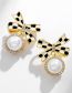 Fashion Gold Color Brass Inlaid Zirconium Pearl Oil Drop Check Bow Stud Earrings