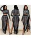 Fashion Black Two-piece Set Of Hot-drilled Mesh See-through Long-sleeved Slit Dress