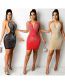 Fashion X5251-red Hot-drilled Mesh See-through V-neck Dress