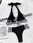 Fashion Black Nylon Stripe Panel Halter Tie Split Swimsuit