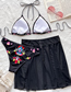 Fashion Black Nylon Print Halter Neck Tie Split Swimsuit Three Piece