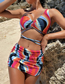 Fashion Color Nylon Print Drawstring Split Swimsuit Three Piece Set