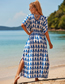 Fashion Blue Rayon Print V-neck Blouse Dress