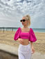 Fashion Fuchsia Solid Color Puff Sleeve Lace Up Top