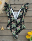 Fashion Leopard With Green Leaves On Black Polyester Print Ruffle Tie One Piece Swimsuit