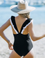 Fashion Black V-neck Ruffled One-piece Swimsuit