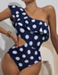Fashion Navy Blue One-shoulder Polka-dot Ruffle One-piece Swimsuit
