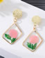 Fashion Pink Flowers And Green Leaves Resin Dried Flower Diamond Stud Earrings