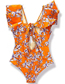 Fashion Orange Bottom Purple Flower Polyester Print Cutout One Piece Swimsuit
