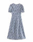Fashion Blue Cotton Linen Print Square Neck Dress