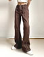 Fashion Brown Topstitched Contrast Metal Buckle Straight Jeans