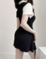 Fashion Black Colorblock Lapel Button Cutout Heart Drawstring Dress