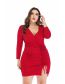Fashion Red Solid Color V-neck Long Sleeve Drawstring Slit Dress