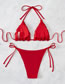Fashion Red Nylon Embroidered Flower Halter Tie Split Swimsuit