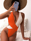 Fashion Blue Apricot Nylon Colorblock Back Cross Cutout One Piece Swimsuit