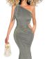 Fashion Grey Solid Color Chain Slant Shoulder Cutout Dress
