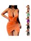 Fashion Orange Polyester V-neck Pleated Slip Dress