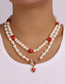 Fashion White Alloy Pearl Beaded Diamond Heart Double Layer Necklace