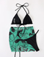 Fashion Black Three-piece Nylon Halterneck Drawstring Print Swimsuit