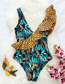 Fashion Leopard With Green Leaves On Black Polyester Print One Piece Swimsuit