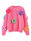 Fashion Rose Pink Deer Plush Knit Floral Cardigan Sweater