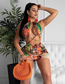 Fashion Brown Green Leaves Printed Halterneck Lace-up Swimsuit