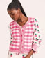 Fashion Pink Check Panel Cherry Print Breasted Knit Cardigan