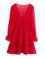 Fashion Big Red Chiffon Layered V-neck Knotted Dress