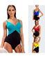 Fashion Yellow Solid Colorblock V-neck One Piece Swimsuit