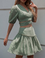 Fashion Green Solid Color V-neck Puff Sleeve Top Skirt Set