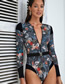 Fashion Red And White Flowers On Black Polyester Print Zip Long Sleeve One Piece Swimsuit