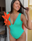 Fashion Green + Orange Blossom Solid Color Large Flower Embossed Deep V One-piece Swimsuit