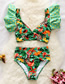 Fashion Orange Flower On Green Background Printed Ruffled Swimsuit