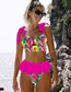 Fashion Green Background Pink Flower Polyester Print Lace-up Ruffle Split Swimsuit