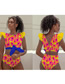 Fashion Rose Foundation Yellow Orange Print Polyester Print Ruffle Tie Split Swimsuit