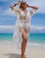 Fashion White Polyester Lace Embroidered Lace-up Swimsuit Cardigan