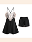 Fashion Black Polyester Deep V Lace Embroidered Shorts Sling Pajama Set
