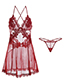 Fashion Maroon Mesh Sheer Embroidered Suspender Nightdress